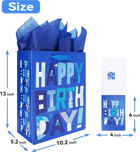 Miniatura 2 de wishinside Juego de bolsas de regalo azules grandes de 13 pulgadas con tarjeta de felicitación y papeles de seda (feliz cumpleaños azul) para fiesta