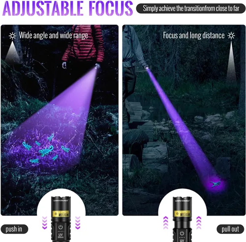 Miniatura 6 de DARKBEAM Linterna UV 365nm y 395nm Luz Negra Dual, Linterna Ultravioleta LED Recargable por USB con Luz Negra, Lámpara Woods Enfocable Potente