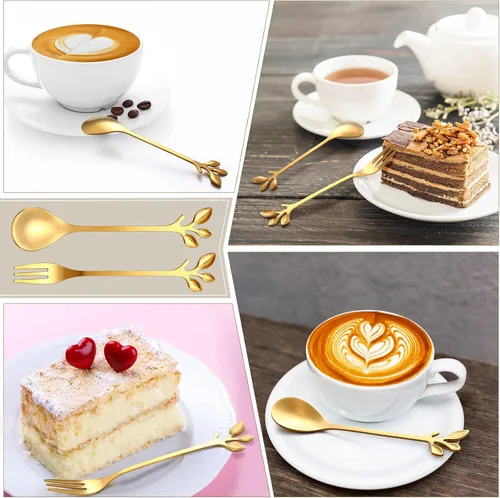 Miniatura 3 de Juego de 40 piezas de cuchara de café de hoja de acero inoxidable y tenedor de aperitivo, cuchara de postre, mini utensilios de postre plateados