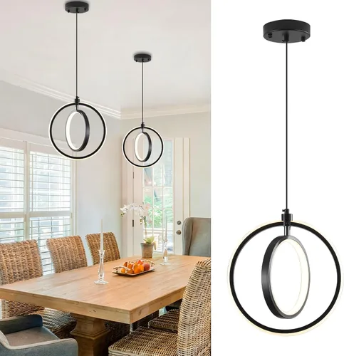 Miniatura 8 de Lámparas colgantes LED negras modernas, paquete de 2 unidades, diseño minimalista, iluminación colgante ovalada para isla de cocina, luz colgante