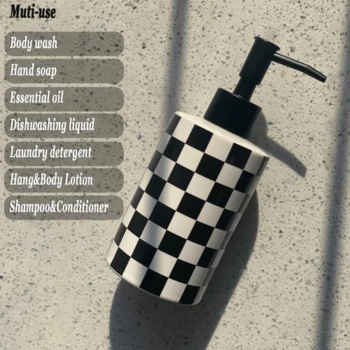 Miniatura 2 de Dispensador de jabón de baño con bomba negra mate, dispensador de jabón de cerámica blanca para cocina, patrón de cuadros, botella de bomba vacía
