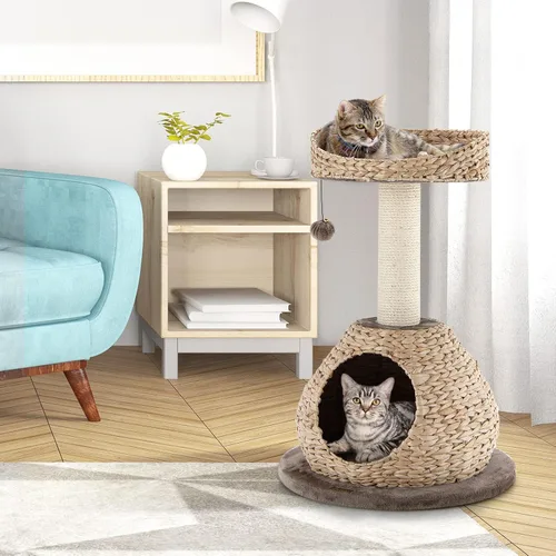 Miniatura 9 de Tangkula Árbol para gatos moderno, torre para gatos pequeña con poste de rascar de sisal natural, condominio para gatos de mimbre hecho a mano
