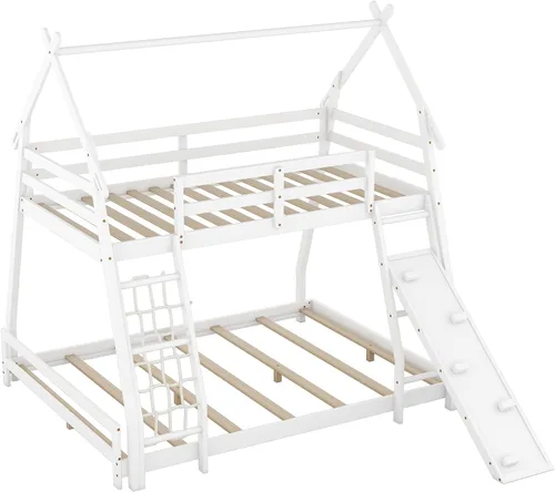 Miniatura 5 de Favfurish Litera de casa individual sobre Queen con redes de escalada y rampa de escalada para niños, adolescentes, niños y niñas, marco de cama