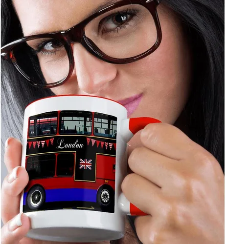 Miniatura 2 de 3dRose London Double Decker Red Bus con banderines y bandera - Reino Unido Gran Bretaña Reino Unido Recuerdo de viaje 11oz Taza roja de dos tonos