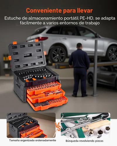 Miniatura 5 de VEVOR Juego de herramientas mecánicas y juego de zócalos, 450 piezas, 1/4, 3/8 y 1/2 pulgadas, dados profundos y estándar, kit de herramientas