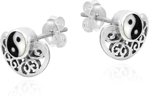 Miniatura 2 de Elegantes aretes de tuerca de plata de ley 925 con símbolo de Yin y Yang equilibrados en espiral, Esmalte