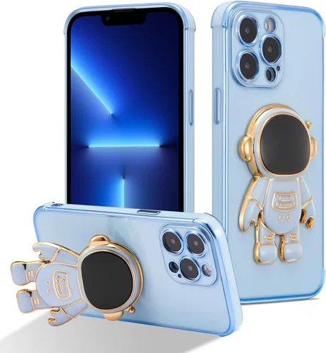 Miniatura 21 de RALEAVO Funda para iPhone 13, bonita funda de astronauta 6D con función de soporte, cubierta de enchapado de lujo, ajuste delgado, TPU suave, Púrpura
