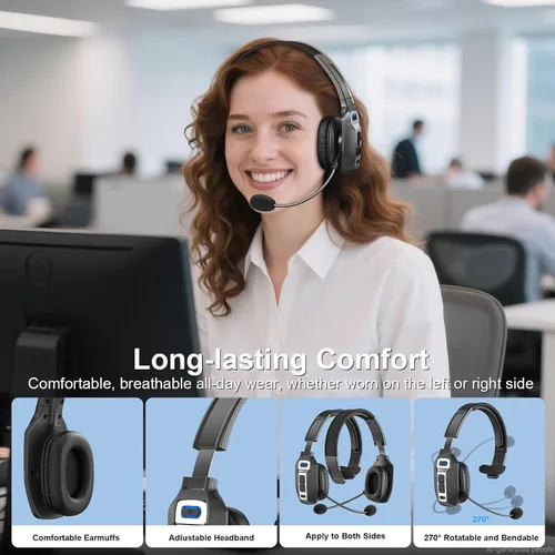 Miniatura 5 de Auriculares Bluetooth BRAMMAR Trucker con cancelación de ruido AI y micrófono, auriculares Trucker con 65 horas de tiempo de conversación y botón