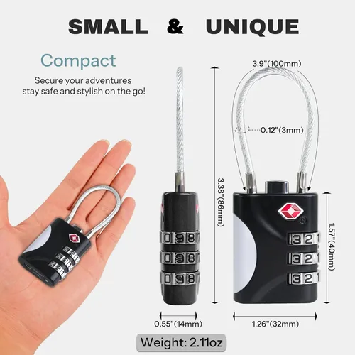 Miniatura 2 de Cerraduras TSA para equipaje, cerradura de combinación pequeña con cable, cerraduras de equipaje aprobadas por la TSA, cerradura combinada para Negro