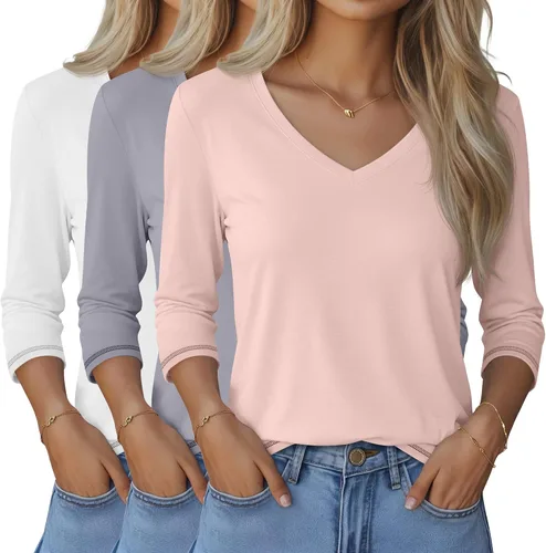 Miniatura 32 de Ficerd Paquete de 3 camisetas de manga 3/4 para mujer, cuello en V, blusas holgadas, blusas casuales, ropa de moda 2026