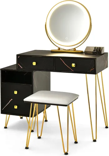 Miniatura 9 de CHARMAID Escritorio de tocador con armario lateral reversible, mesa de tocador de maquillaje con espejo iluminado, 3 luces de color, 4 cajones