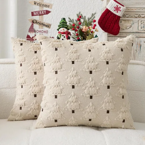 Miniatura 24 de Kevin Textile - Fundas de almohada con diseño de árbol de Navidad de 16 x 16 pulgadas, juego de 2, bordado de lujo, felpa suave, piel sintética