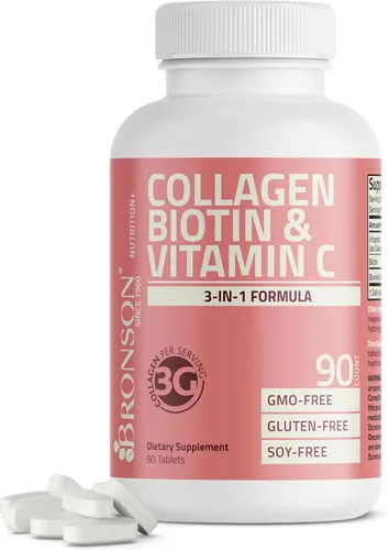 Bronson Péptidos de colágeno 3000mg (por porción) con biotina y vitamina C - para el apoyo del cabello, la piel y las uñas, sin OGM, 90 tabletas