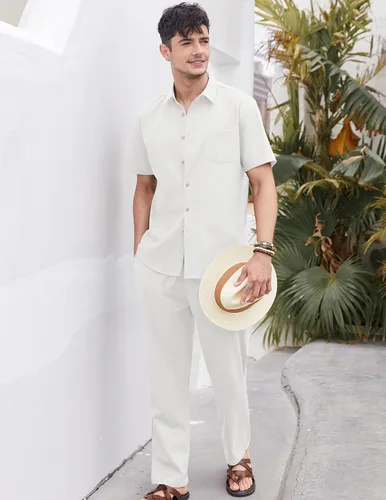 Miniatura 4 de COOFANDY Conjunto de 2 piezas de lino para hombre, conjunto de camisa y pantalón con botones para la playa