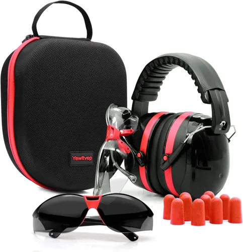 Miniatura 7 de Yewltvep Protección auditiva para disparos, protección auditiva con orejeras, gafas de seguridad para armas, tapones para los oídos, estuche de Negro