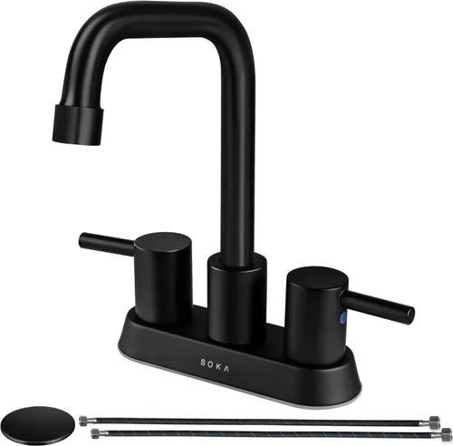 Miniatura 20 de SOKA Grifo de baño central de dos asas para fregadero de acero inoxidable de arco alto con placa de cubierta y montaje de drenaje desplegable