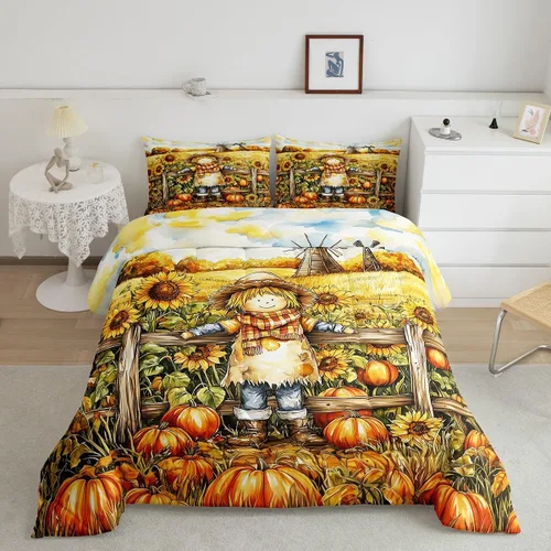 Miniatura 17 de Castle Fairy Juego de edredón de otoño con temática de Acción de Gracias, tamaño individual, juego de ropa de cama de calabaza, girasol, pavo