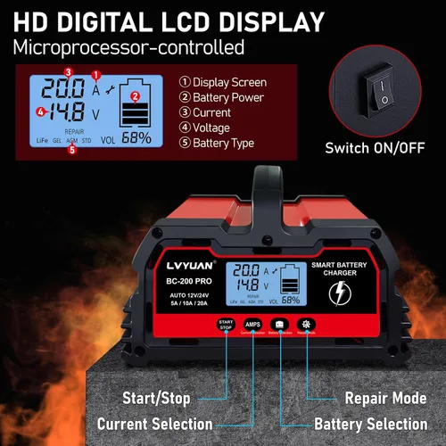 Miniatura 6 de LVYUAN Cargador de batería de 20 A, 12 V/24 V, cargador de batería inteligente para automóvil con cargador de goteo, cargador LiFePO4 de 12 V