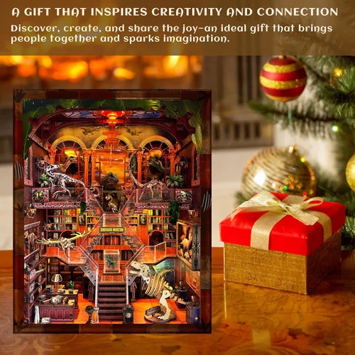Miniatura 6 de Kit de rincón de libros para adultos – Registro de museo de dinosaurios, rompecabezas de casa de muñecas 3D de madera con luces LED, decoración