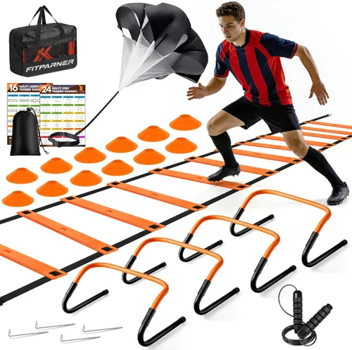 Miniatura 10 de Agility Ladder, Soccer Football Training Equipment Set - 20ft Speed Ladder, 4 Hurdles,Parachute, 12 Cones & Jump Rope Agility & Speed Training for