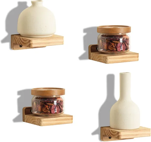 Freezing point Pequeño estante flotante para pared, juego de 4 mini estantes de pared de madera natural de 4 pulgadas, decoración de plantas, negro
