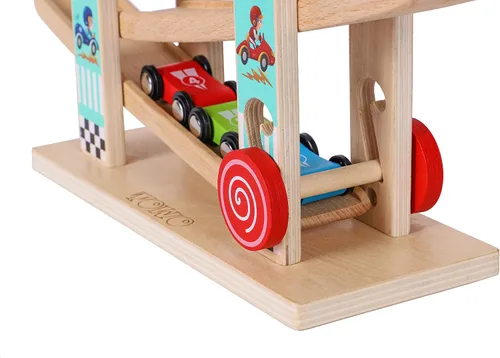 Miniatura 4 de Juguete de pista de carreras de rampa de madera para automóvil, juego de autos para niños, 4 unidades de autos de repuesto, vehículos de pista