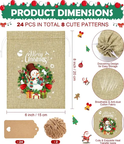 Miniatura 2 de FLOE 24 Bolsas de Regalo de Arpillera Navideñas con Cordón, Bolsas de Lino Navideñas de 6x8 pulgadas con Etiqueta, Bolsa de Regalo Pequeña de Yute