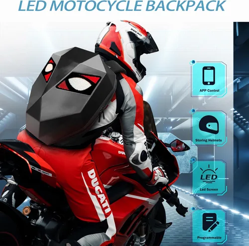 Miniatura 2 de Mochila de motocicleta LED personalizable, mochila LED rígida impermeable para hombres, mochilas con casco de caballero genial con ojos de diablo (B)