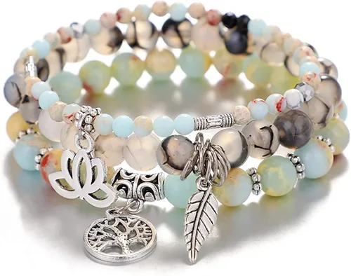 UEUC - Pulseras Reiki, apilables, de piedras curativas, cristales, con dije del árbol de la vida, yoga y hoja de loto, contra la ansiedad y para el