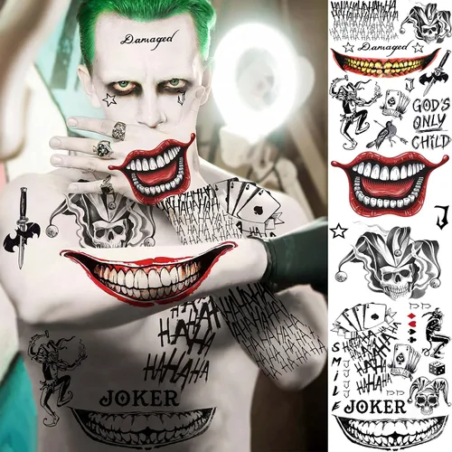 Miniatura 3 de VANTATY 5 hojas de tatuajes temporales 3D de Halloween Joker para hombres, mujeres y adultos, gótico, estilo de Halloween, impermeable, patrón de A
