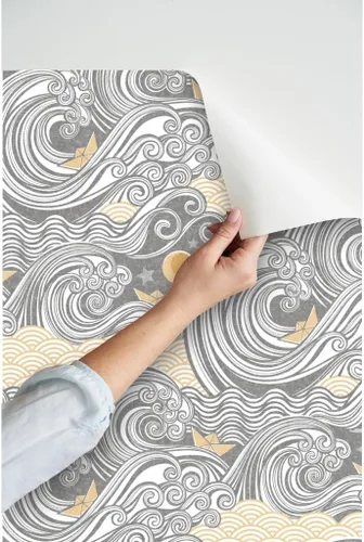 Miniatura 3 de Spoonflower Papel tapiz para despegar y pegar, diseño de bloques de aventura marina, olas, origami, barco, náutico, japonés, papel pintado extraíble