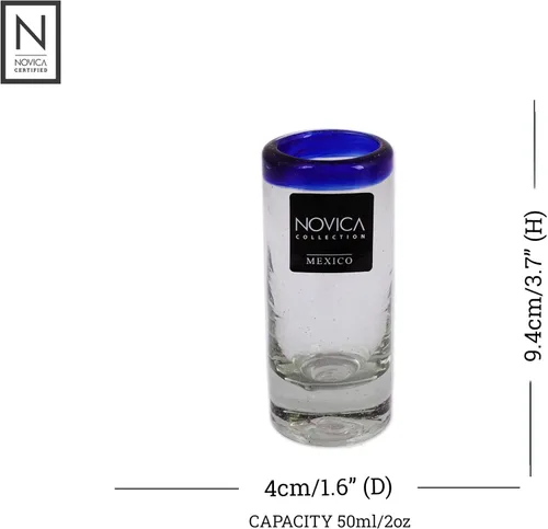 Miniatura 2 de NOVICA Artisan - Vasos de chupito de vidrio reciclado, soplados a mano, con borde azul transparente, 2 onzas, 'Tequila Blues' (juego de 6)