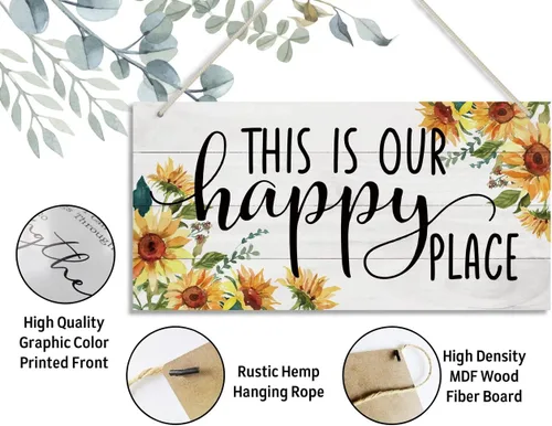 Miniatura 3 de Letrero decorativo de madera con temática de girasol, «This Is Our Happy Place», decoración de placa de madera impresa para colgar, letrero rústico
