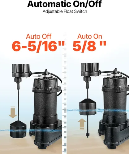 Miniatura 5 de VEVOR Bomba sumergible para aguas residuales, 1/3 HP, bomba de aguas residuales/efluentes de hierro fundido de 3000 GPH con interruptor flotador