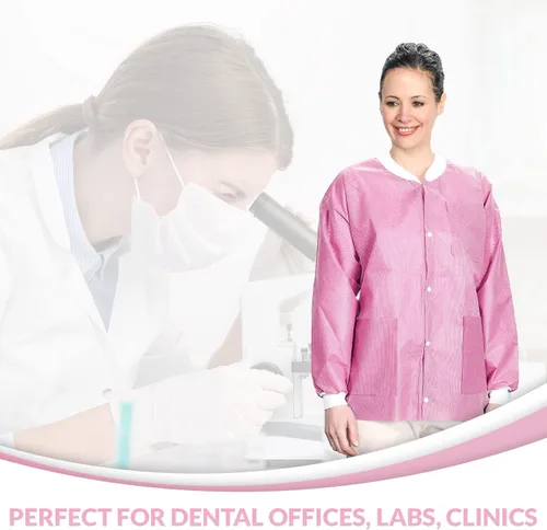 Miniatura 54 de Paquete de 10 chaquetas desechables de laboratorio, chaqueta médica reutilizable hasta la cadera, unisex, con puños de punto y bolsillos