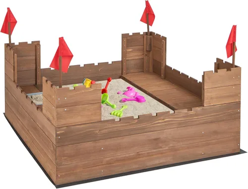 Miniatura 9 de HONEY JOY Caja de arena para niños, pozo de arena sin fondo de cedro para patio trasero, 4 banderas rojas y forro inferior, banco lateral y 2 cajas