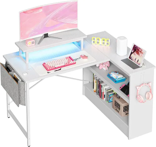 Miniatura 9 de Bestier Escritorio para juegos en forma de L con estantes de almacenamiento, escritorio de esquina reversible de 42 pulgadas con luces LED, mesa