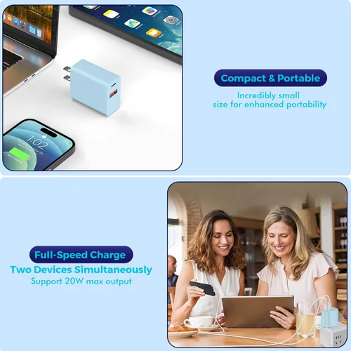 Miniatura 6 de Bloque de carga para iPhone 16/15, bloque de carga USB C [paquete de 2] 20 W de doble puerto PD rápido USB C adaptador de cargador de pared USB A
