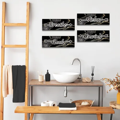 Miniatura 6 de Lnond 4 piezas de arte de pared de mármol negro y dorado para baño, decoración de letreros de relajación y respiración, arte de pared de baño