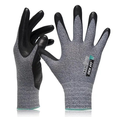 DEX FIT Prime - Guantes de trabajo de nitrilo FN331; ajuste elástico cómodo 3D; revestimiento de nitrilo de espuma duradera; agarre potente; Gris