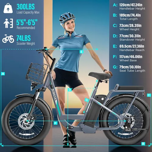 Miniatura 7 de Caroma Peak - Scooter eléctrico de 500 W/800 W/1200 W con asiento, bicicleta eléctrica de neumático grueso de 20 pulgadas con batería extraíble