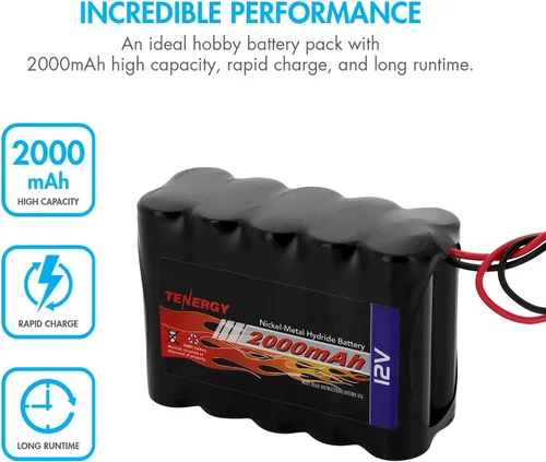 Miniatura 2 de Tenergy Paquete de baterías NiMH 12V 2000mAh de alta capacidad recargable con cables desnudos, paquete de baterías de repuesto para bricolaje