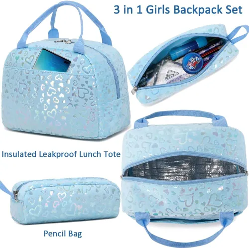 Miniatura 84 de Juego de mochila para niñas y adolescentes, mochila escolar para niños con bolsa para el almuerzo, estuche para lápices, mochilas escolares
