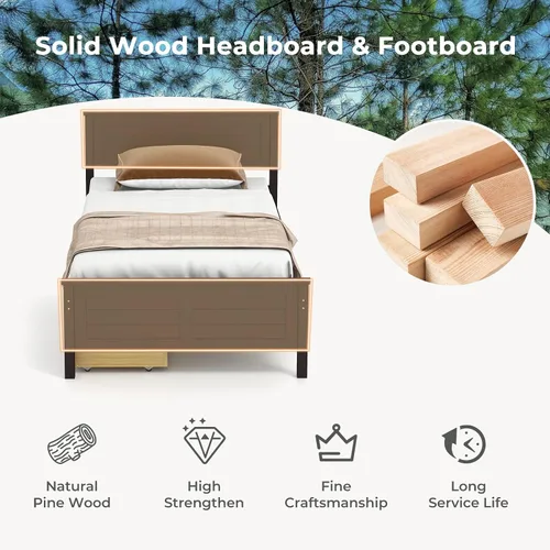 Miniatura 7 de Giantex Cama individual de madera con 2 cajones de almacenamiento, plataforma de madera maciza con cabecero, base de colchón de soporte de listones