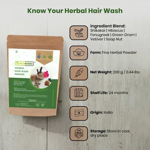Miniatura 2 de Foodherbs Polvo de Lavado Capilar Herbal Mezcla de Shikakai, Flor de Hibisco, Fenogreco, Garbanzo Verde, Vetiver, Nuez de Jabón 200 g / 0.44 lbs