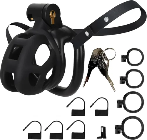 Miniatura 10 de Jaula de castidad masculina Astini con cinturón elástico y candado invisible - 4 anillos Diseño ligero de ajuste cómodo para uso a largo plazo, Negro