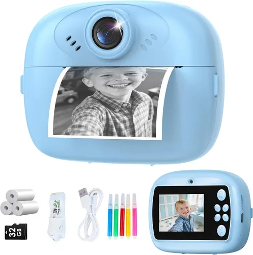 Cámara de impresión instantánea para niños, cámara instantánea de video 1080P para niños con tarjeta SD de 32 GB, cámara de juguete, regalo de Azul