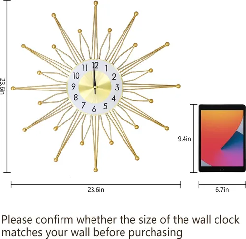 Miniatura 6 de YISITEONE Reloj de pared para decoración de sala de estar, moderno, grande, decorativo, dorado, de 24 pulgadas, silencioso, sin tictac, reloj