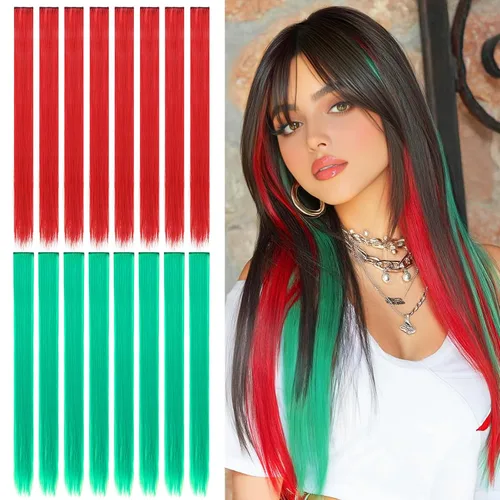 Miniatura 20 de Sofeiyan 10 extensiones de cabello sintético lacio de colores con clip de 22 pulgadas, para mujeres, niños y niñas, para Halloween, Navidad