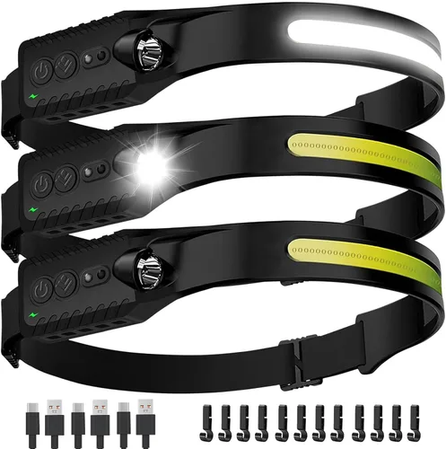 Nessciera Linterna frontal recargable (paquete de 3), linterna de cabeza LED, luz de diadema de haz ancho de 230°, 400 lúmenes súper brillante, Negro